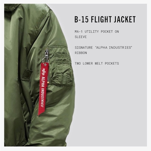 New Alpha Industries Bomber Jacket B15 Flight Fur Collar Nylon in Green - Picture 16 of 17